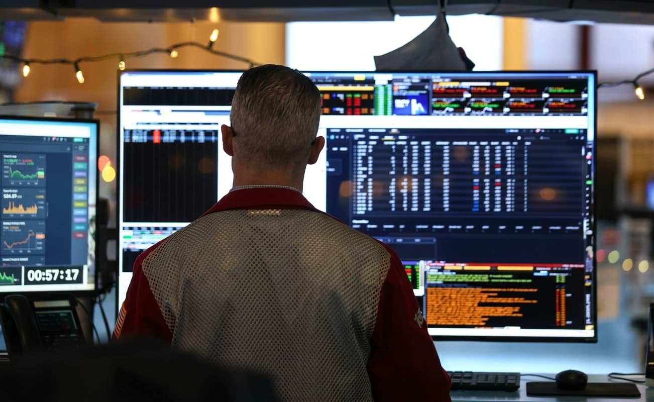 Trading desk overlooking a financial district